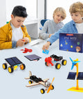 Hands-On STEM Kit For Kids Aged 8-12 With Solar Car, Solar Fan, Wind Car, And Wooden Plane - Fun Science Experiments For Family Bonding And Creative Engineering Projects, kids assembling solar and wind models