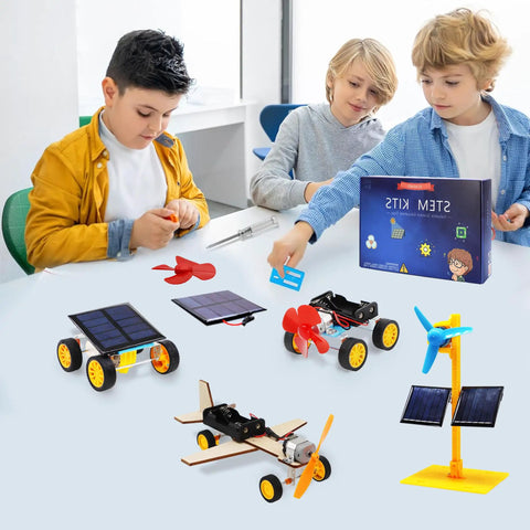 Hands-On STEM Kit For Kids Aged 8-12 With Solar Car, Solar Fan, Wind Car, And Wooden Plane - Fun Science Experiments For Family Bonding And Creative Engineering Projects, kids assembling solar and wind models