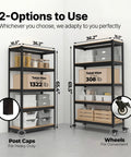 Heavy Duty 5 Tier Garage Shelving Unit Boltless Adjustable Metal Storage Rack 36.2 Inch Wide Standing Shelves For Garage Pantry Closet Or Office Black, showing two shelving options with post caps and wheels