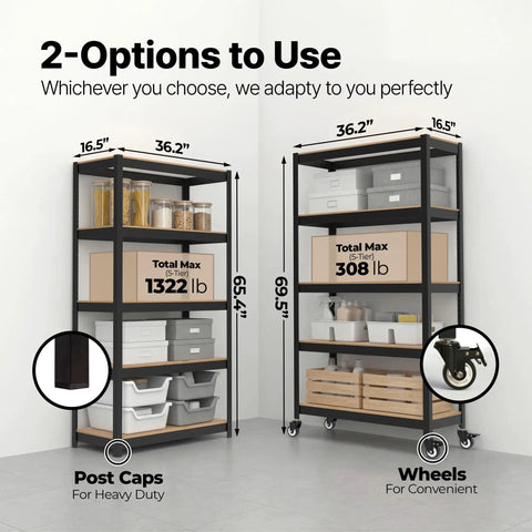 Heavy Duty 5 Tier Garage Shelving Unit Boltless Adjustable Metal Storage Rack 36.2 Inch Wide Standing Shelves For Garage Pantry Closet Or Office Black, showing two shelving options with post caps and wheels