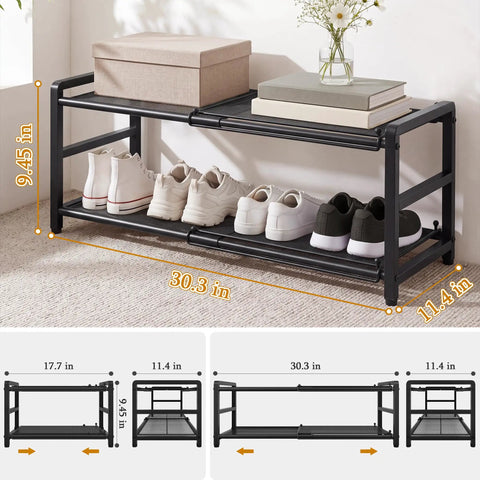 Rock Solid Expandable Shoe Rack Black Two Tier Metal Closet Organizer Holds Eight Pairs Of Sneakers on a carpet.