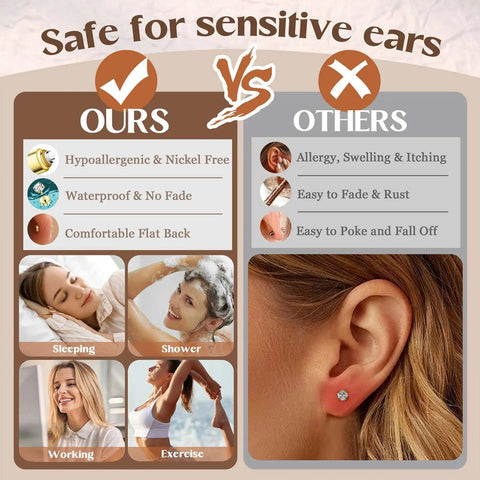 Hypoallergenic 14K Gold Plated Stud Hoop Earrings For Women Surgical Stainless Steel Flat Back Small Stack Hoops Cartilage Earring Set For Multiple Piercing Jewelry Gifts on ear