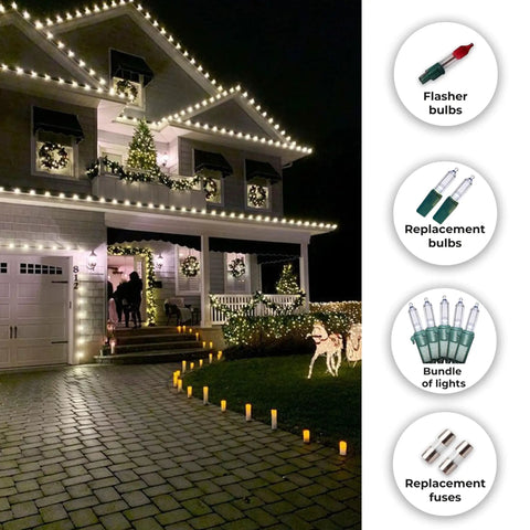 House decorated with cool white LED string lights for indoor outdoor decor 26.9 ft green wire showing accessories on side