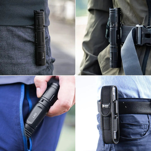 L50 Rechargeable Tactical Flashlight Beast Beam 1200 Lumens, IP68 Waterproof clipped to clothing and in hand for easy access