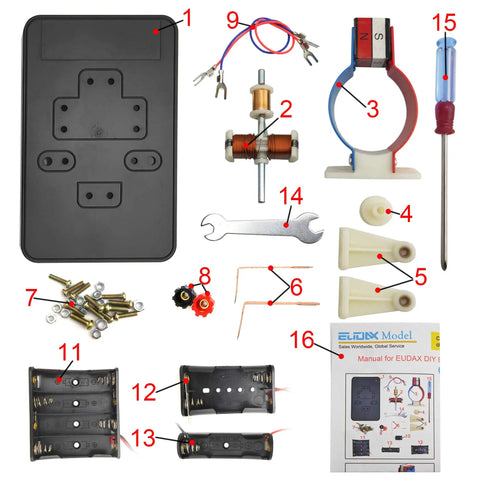 Hands On DIY Electric Motor Kit For STEM Labs And School Projects components layout with DC motor parts and manual.