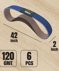 Top Shelf 2 X 42 Sanding Belts 120 Grit Zirconia Aluminum Replacement Rolls For Belt Sanders Grinders on wood surface.