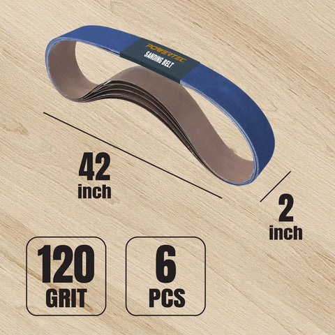 Top Shelf 2 X 42 Sanding Belts 120 Grit Zirconia Aluminum Replacement Rolls For Belt Sanders Grinders on wood surface.