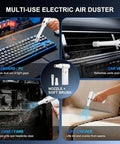 Multi-use Ultra Slim Electric Air Duster With 150,000 RPM Turbo Power cleaning keyboard, car vent, PC case, and sofa crevice.