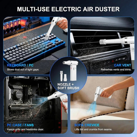 Multi-use Ultra Slim Electric Air Duster With 150,000 RPM Turbo Power cleaning keyboard, car vent, PC case, and sofa crevice.