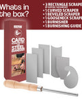 Cabinet Scraper Burnisher With Six Piece Card Scraper Woodworking Set displayed with packaging and tools on white background.
