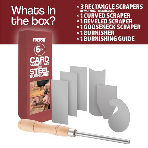 Cabinet Scraper Burnisher With Six Piece Card Scraper Woodworking Set displayed with packaging and tools on white background.