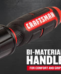 Close-up of torque wrench handle showing bi-material grip for comfort and grip, part of Torque Wrench With Three Eighths Inch Drive.