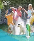 Family using garden hose water filter for plants; reduces chlorine and odor; improves plant health; 10.7" x 2.5" filter shown