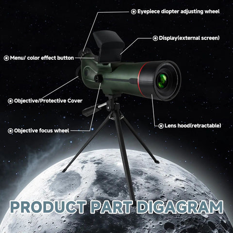 Portable Digital Refractor Telescope With Auto Focus And 4K Astrophotography Camera, dual screen, lunar surface background