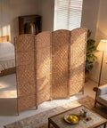 Four-Panel 6-Foot Tall Room Divider Freestanding Privacy Screen With Hand-Woven Paper Rope Diamond-Weave Natural Finish In Living Room