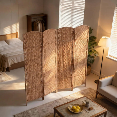 Four-Panel 6-Foot Tall Room Divider Freestanding Privacy Screen With Hand-Woven Paper Rope Diamond-Weave Natural Finish In Living Room