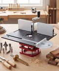 Tough As Nails Manual Lift Router Table Base Plate With Dead On Precision Height Adjustments engineered from solid aluminum alloy with wood pieces.