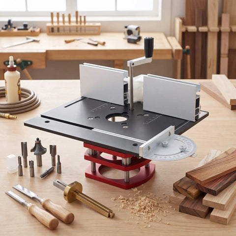 Tough As Nails Manual Lift Router Table Base Plate With Dead On Precision Height Adjustments engineered from solid aluminum alloy with wood pieces.
