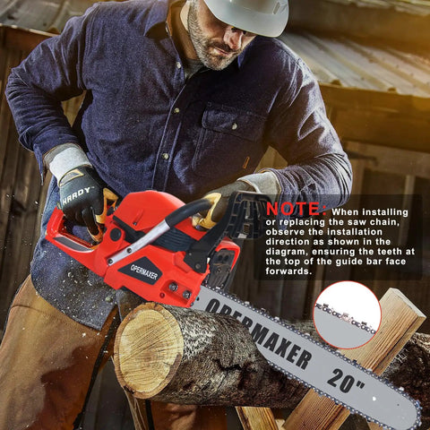 Man using Durable Beast 58CC Gas Chainsaw With 20 Inch Bar Powerhouse 3.8 HP for wood cutting at home garden farm use
