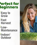 Woman smiling with broccoli sprout seeds 8 oz bulk heirloom non GMO high germination sulforaphane rich for quick five day harvest