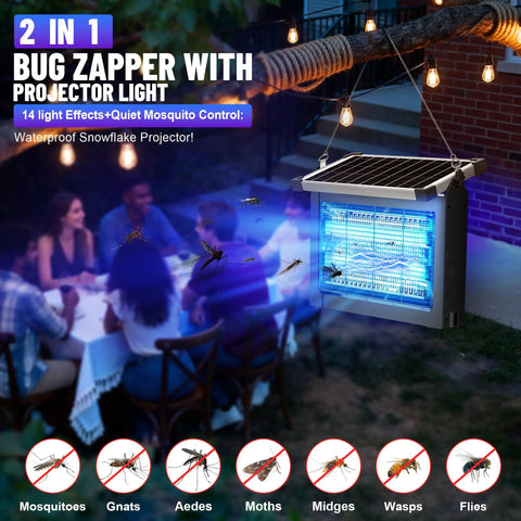 Outdoor Bug Zapper That Crushes Bugs, Sun Powered, Rechargeable 4500V High-Voltage Grid in use at a backyard gathering.