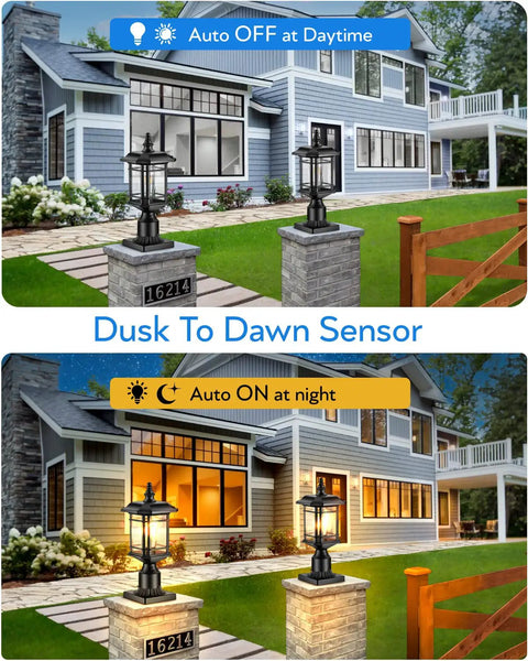 Dusk To Dawn Outdoor Post Light Black Finish Hardwired 120V Lantern With Pier Mount Base For Patio And Garden Waterproof Exterior Lamp Fixture Not Solar, shown off and on in a garden setting