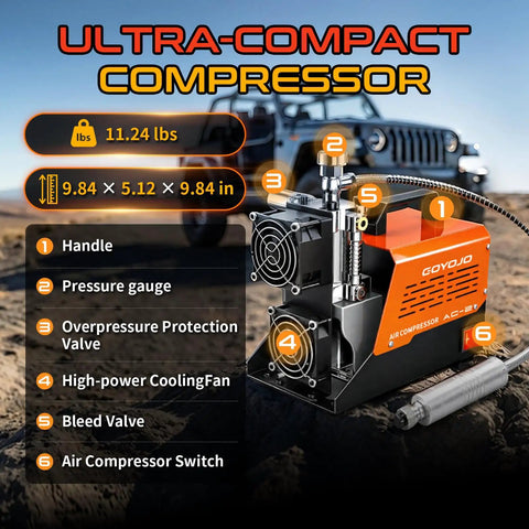 Goyojo Ac-2 Portable Pcp Air Compressor Pump Reaches 4500 Psi With Oil-Free Design And Dual Voltage Support. Enjoy Extended 45-Min Continuous Runtime For Refilling Hpa Paintball Tanks And Pcp Airguns Efficiently On The Go Or At Home Without Hassle.