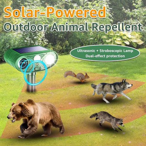 Solar Powered Ultrasonic Animal Repellent With Motion Sensor And Strobe Light in garden keeping animals at bay.