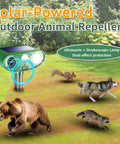 Solar Powered Ultrasonic Animal Repellent For Outdoor Yards And Gardens With Motion Sensor And Strobe Light Dual Mode Audible Alarm Or 25KHz Ultrasonic Deterrent Weatherproof Critter Shield Against Rodents Coyotes And Raccoons, green ABS solar stake