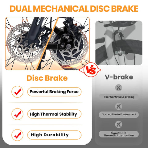 Comparison of dual mechanical disc brake vs V-brake on 26 Inch Kids Mountain Bike With 21 Speed Drivetrain Front Suspension Fork