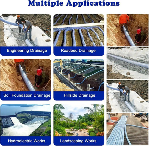 Multiple applications of flexible 2 inch perforated French drain pipe with nonwoven fabric for yard lawn patio landscape drainage