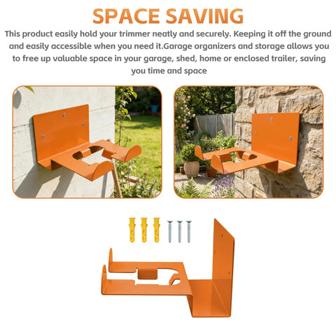 Heavy Duty Garage Tool Organizer Wall Mount Hanger For Weed Eaters Trimmers And Hedge Trimmers 2 Pack Wall Rack Keeps Tools Off The Floor And Maximizes Garage Space, displayed with screws and wall plugs for securing