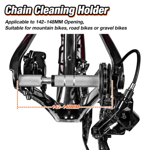 Dummy Hub Bike Chain Holder For Thru Axle Frames with Elastic Snap Fit, Dual POM Bearings, shown on a bike frame.