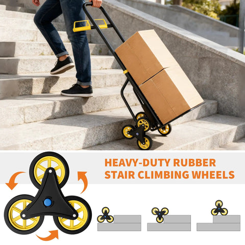 Person using Heavy Duty Stair Climbing Hand Truck With 440 Lbs Capacity Featuring Six Swivel Wheels Telescopic Handle on stairs.