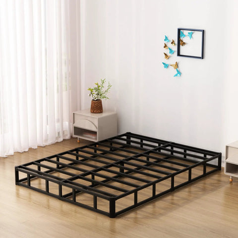 Rock Solid King Size Box Spring With Seven Inch Steel Bed Base Foundation and dust resistant fabric cover in a modern bedroom.