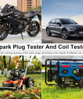 Image showing motorsport bike, SUV, lawnmower, and generator alongside Spark Plug Tester Kit With Adjustable Ignition Coil System Pro Grade Coil Pack Tester Spark Checker Tool For Auto Enthusiasts And Small Engines Lawnmowers Easy Pitch Adjustment For Precise Spark Testing And Diagnostics.
