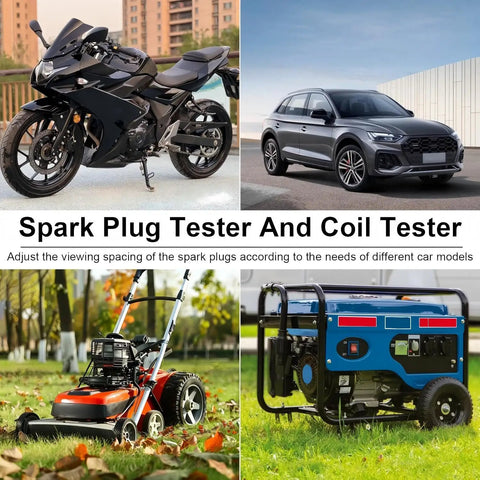 Image showing motorsport bike, SUV, lawnmower, and generator alongside Spark Plug Tester Kit With Adjustable Ignition Coil System Pro Grade Coil Pack Tester Spark Checker Tool For Auto Enthusiasts And Small Engines Lawnmowers Easy Pitch Adjustment For Precise Spark Testing And Diagnostics.