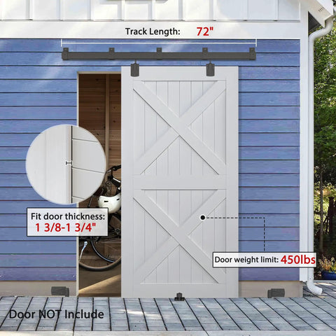 Heavy Duty Exterior Barn Door Hardware Kit 6 Ft Wall Mounted Slide Track with 72 inch track length and floor guide.