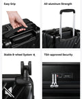 Underseat Carry On Luggage With Spinner Wheels Polycarbonate Hard Shell 17.5 By 12 By 8 Inches Airline Approved, close-ups of handle, wheels, and TSA lock.