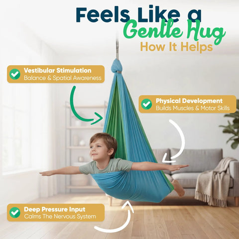 Indoor Outdoor Kid Sensory Swing With Calming Cocoon Hug Hammock, 360 Degree Swivel Hardware, Holds Up To 300 Lbs with child