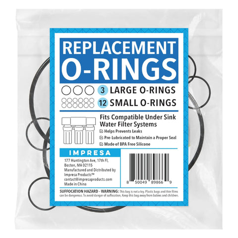 15 Piece O Ring Variety Pack For Water Filters Compatible With Aquasana Claryum AQ Under Sink Systems Black Silicone O Rings Pre Lubricated For Leak Sealing And Longer Filter Life in a clear package with label