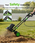 Beast Garden Tiller For Big Beds 1800W Corded Cultivator With 24 Steel Tines, demonstrating safety features in a garden setting