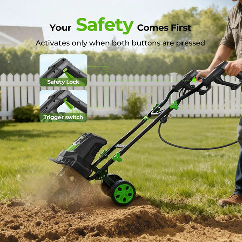 Beast Garden Tiller For Big Beds 1800W Corded Cultivator With 24 Steel Tines, demonstrating safety features in a garden setting