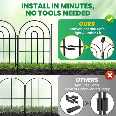 Arched Metal Garden Fence Panels 17 Inch Tall 10.83 Feet Long with tool-free install feature showcased outdoors.