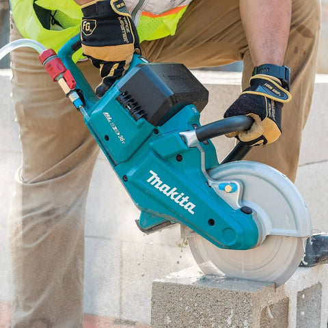 Straight Up Beast Mode 9 Inch Cordless Power Cutter With Brushless Motor cutting through concrete block during renovation.