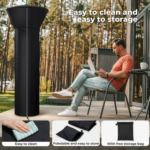 Heavy Duty Round Patio Heater Cover Weatherproof Oxford Fabric UV Resistant Waterproof Dust Proof Snow Proof Wind Proof With Zipper And Storage Bag Fits Most 89H X 33D Dome Round Stand Up Gas Heaters shown with man on patio.