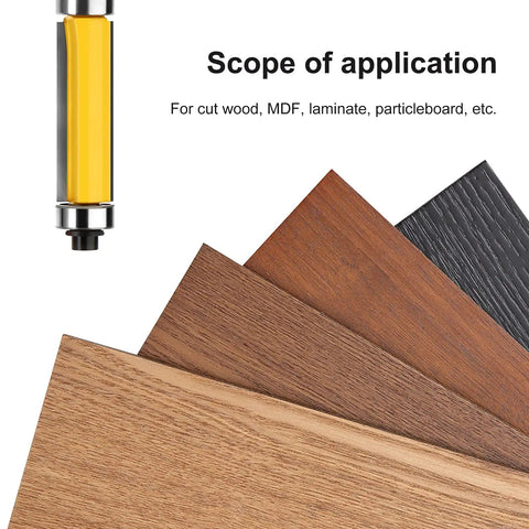 Flush Trim Router Bit With Top And Bottom Bearings, One And A Half Inch Cutting Diameter shown with wood samples for CNC woodworking.