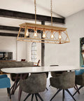 Five Light Gold Modern Farmhouse Chandelier For Kitchen Island, Luxury Rectangular Linear Dining Room Light Fixture in modern setting