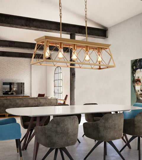 Five Light Gold Modern Farmhouse Chandelier For Kitchen Island, Luxury Rectangular Linear Dining Room Light Fixture in modern setting