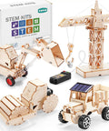 4 In 1 Wood Building STEM Kit For Kids 8 To 12 With Tower Crane, Hydraulic Loader, Solar Powered Truck, and Road Roller, DIY Set